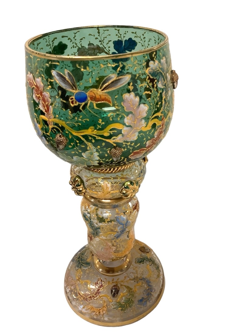 Moser Bohemian Gilt Enameled Green Glass Goblet - Oak Leaves with Applied Acorns 7" tall (1 of 4)