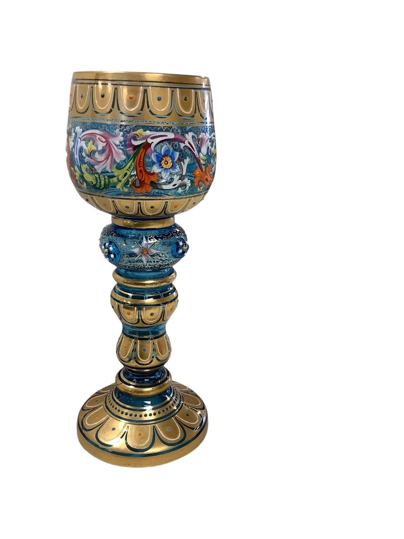 Bohemian Moser Gilt Enameled Blue Goblet 7.5" tall (1 of 4)