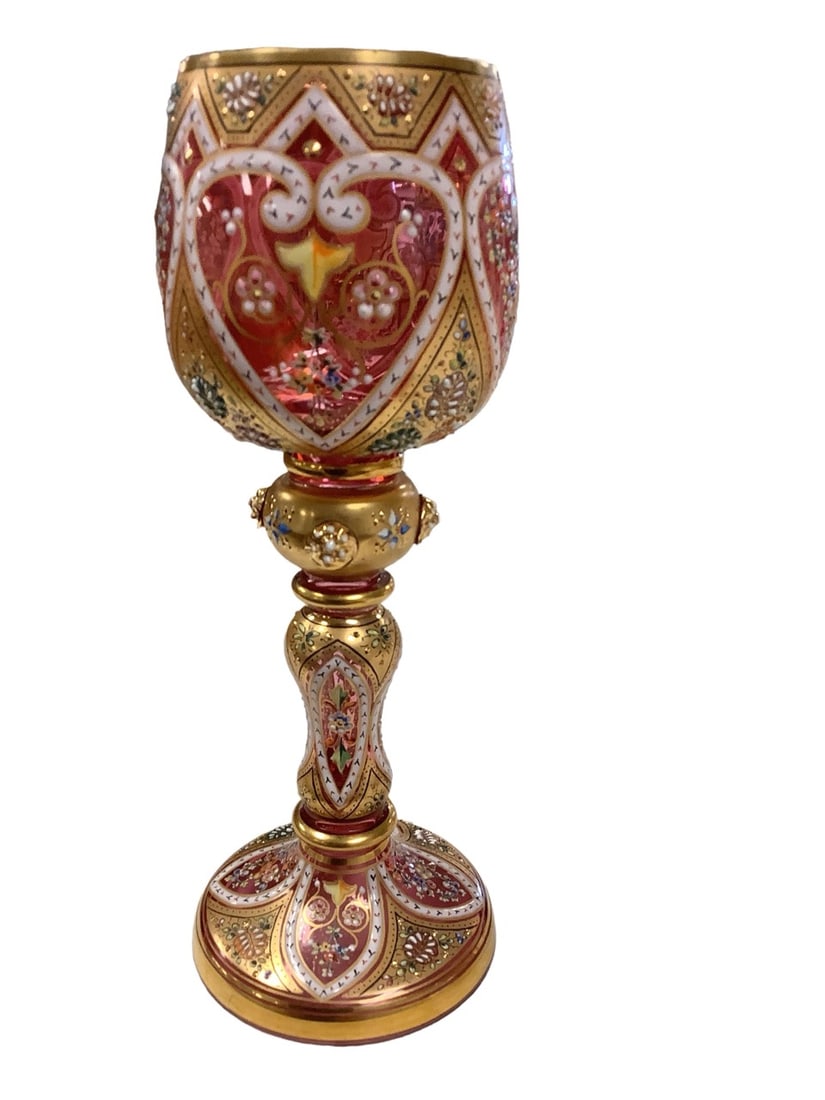 Bohemian Moser Cranberry & Gold Enamel Goblet 7.75" tall (1 of 6)