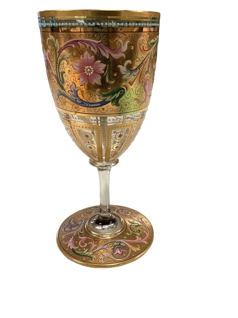 Bohemian Moser Gilt Enameled Goblet with Dodecagon Bowl 6.75" tall (1 of 4)