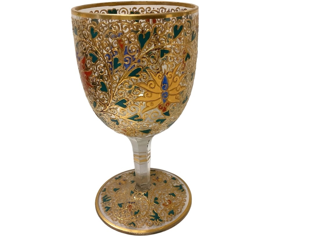 Bohemian Moser Small Enameled Stemmed Glass 5" tall.: Bohemian Moser Small Enameled Stemmed Glass Clear glass with enameled design. 5" tall.