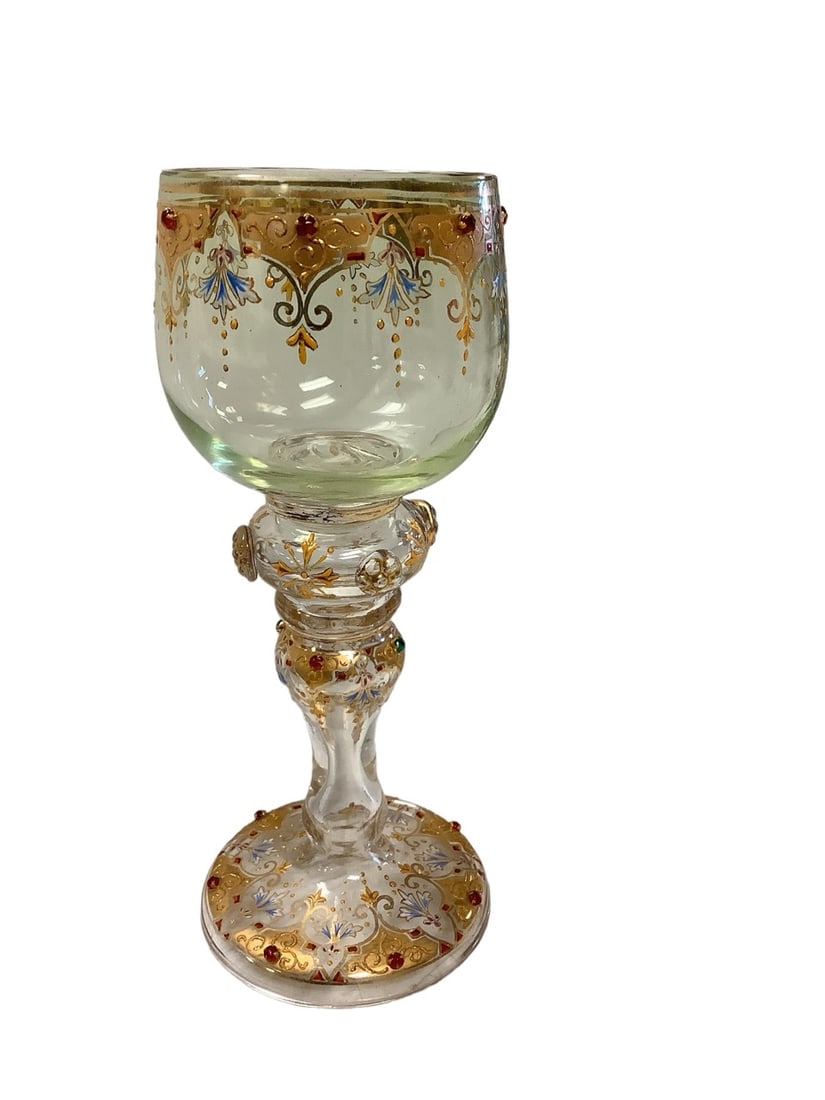 Bohemian Moser Gilt Enameled Light Green Goblet 6.25" tall (1 of 3)