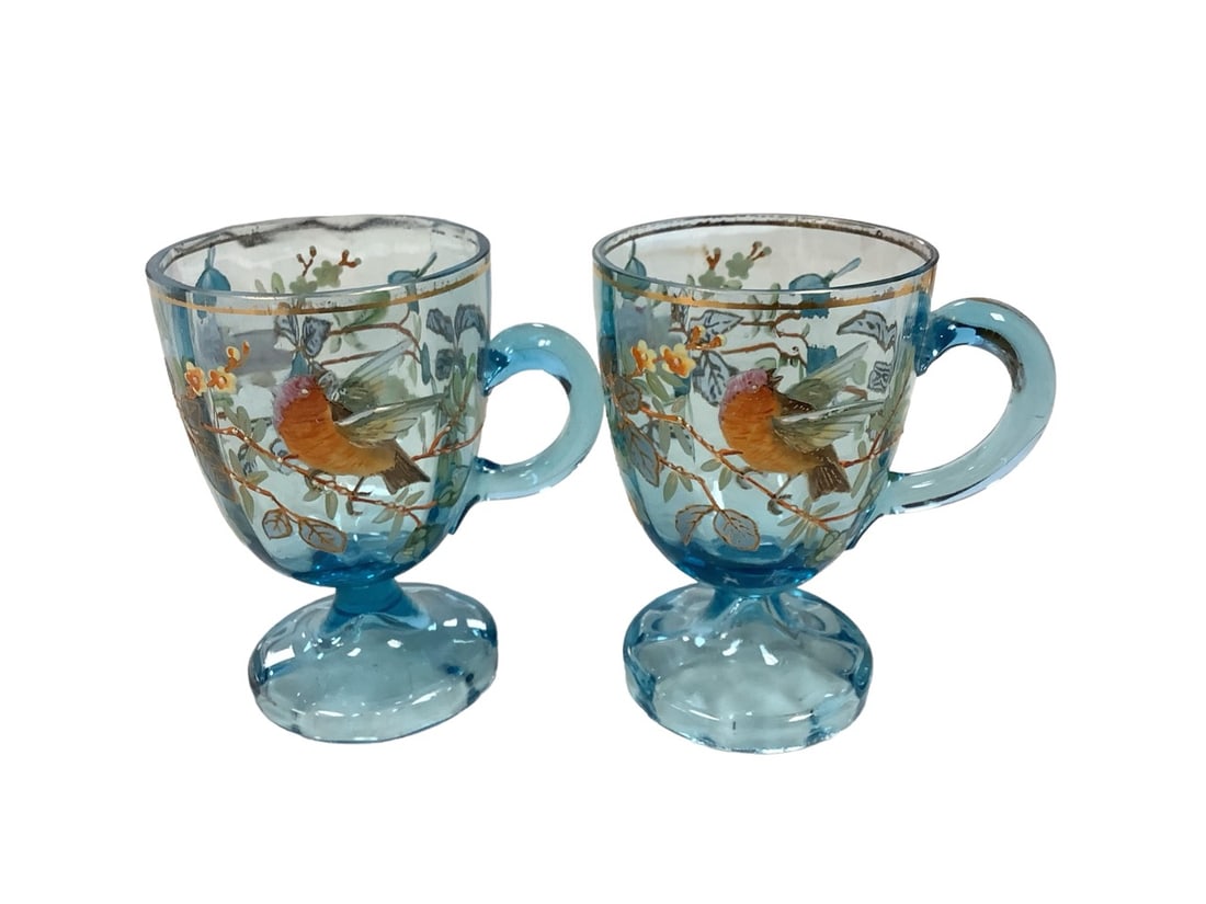 Pair of Bohemian Moser Blue Enameled Footed Beverage cups with Bird Design 4" tall (1 of 2)