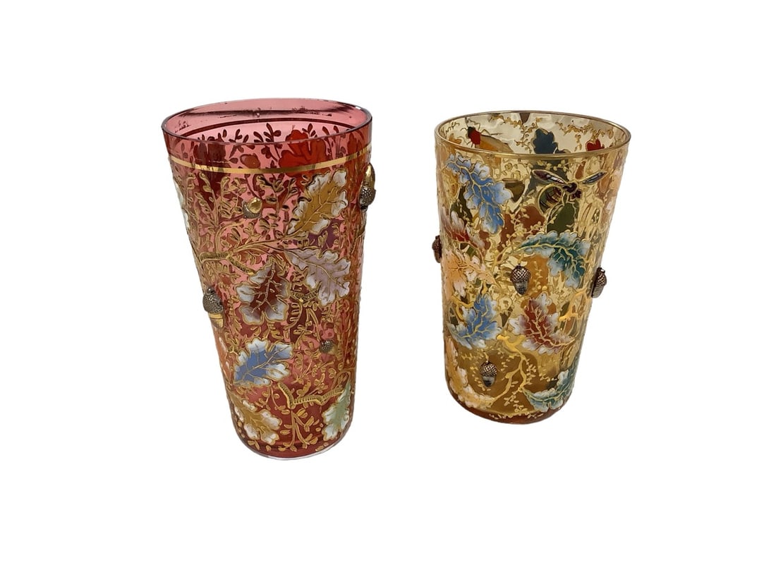 (2) Bohemian Moser Gilt Enameled Juice Glasses 4 1/8 & 3 7/8 tall (1 of 4)