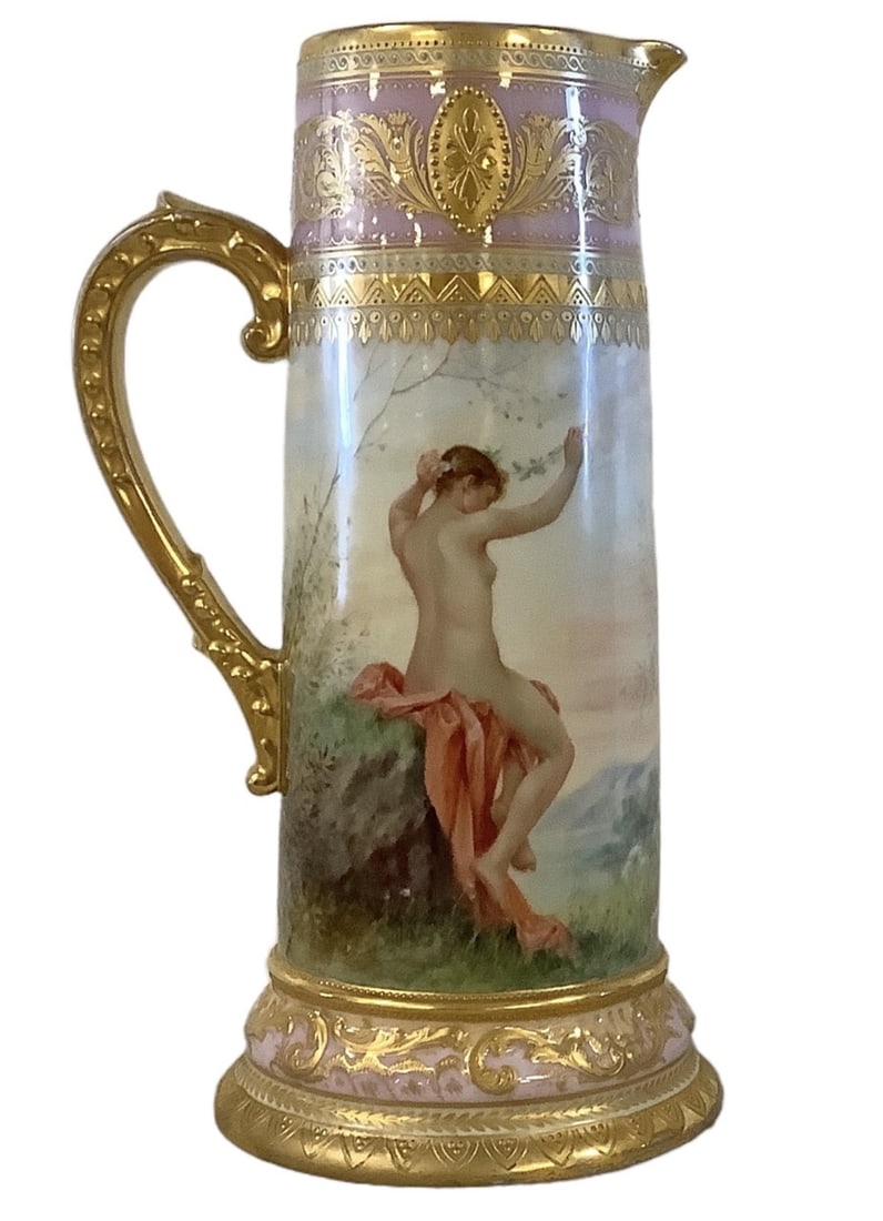 Renaissance Pitcher: Renaissance Pitcher Renaissance nude royal Vienna H.P. Signed pitcher, slight wear on handle and around the top. Approx 11" tall.