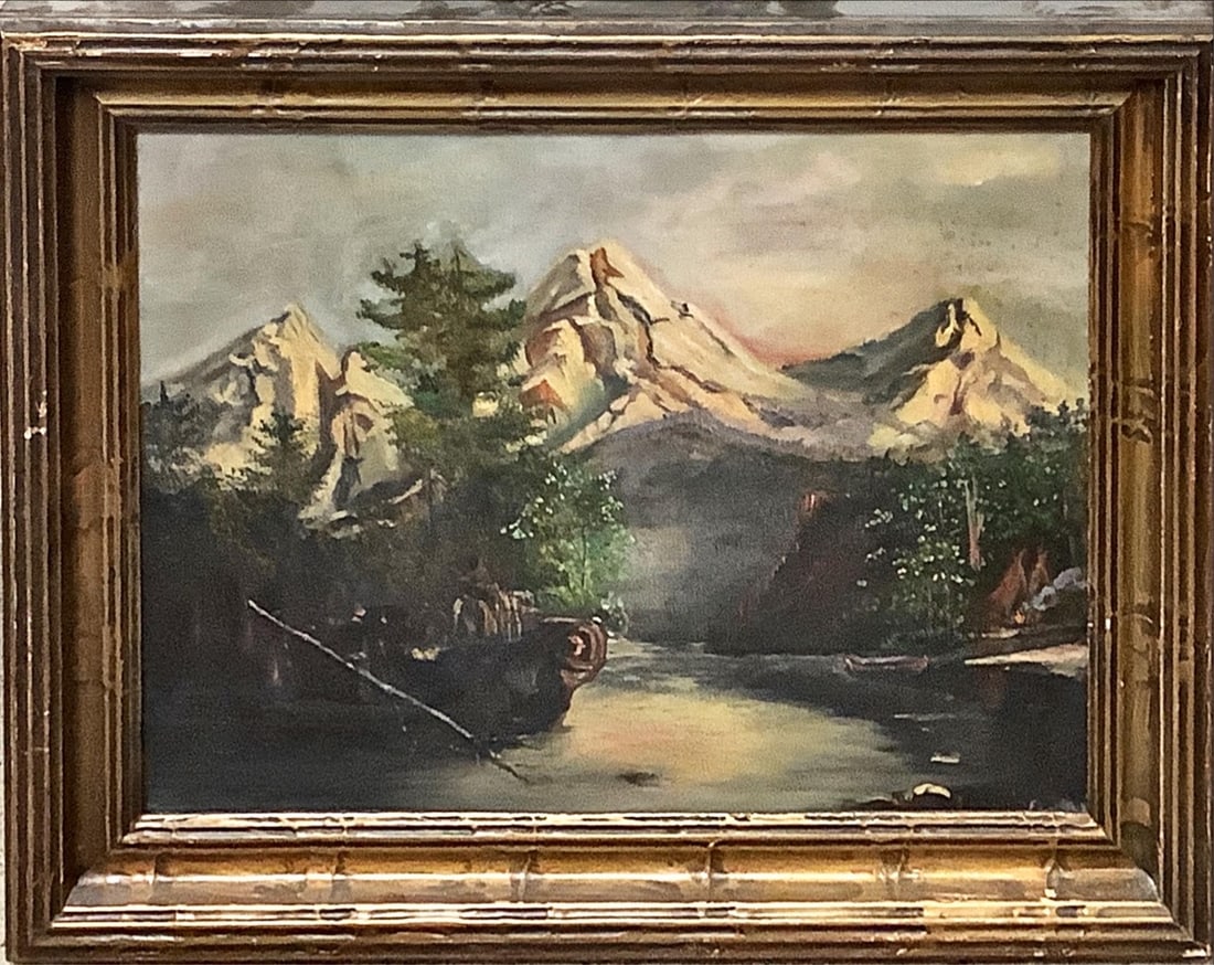 Framed Oil Painting of Mountain View 16"x11.5". Frame 19.75"x16".: Framed Oil Painting of Mountain ViewFramed painting believed to be by Artist Joseph Henry Sharp 1859-1953. Information sheet with painting.16"x11.5". Frame 19.75"x16".