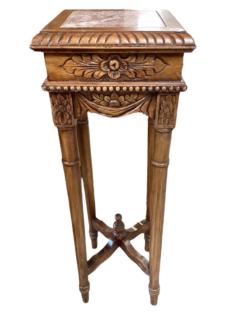 Highly Carved Wood Stand with Marble Top 36" H x 12" x 12" (1 of 2)