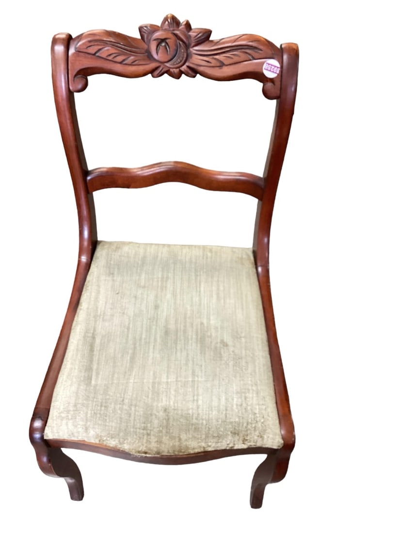 Vintage Empire Style Back Side Chair: Vintage Empire Style Back Side Chair Carved crest and Sabre legs. The seats are upholstered in a sage green velvet.