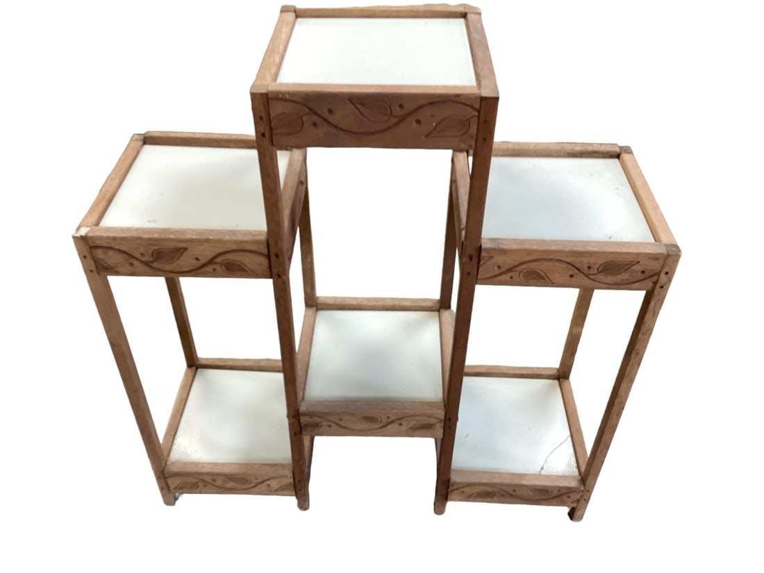 Wood and Tile Shelf 28 1/4 x 26 in. (71.8 x 66 cm.): Wood and Tile ShelfLeaf design carving, 6 shelves.28 1/4 x 26 in. (71.8 x 66 cm.)