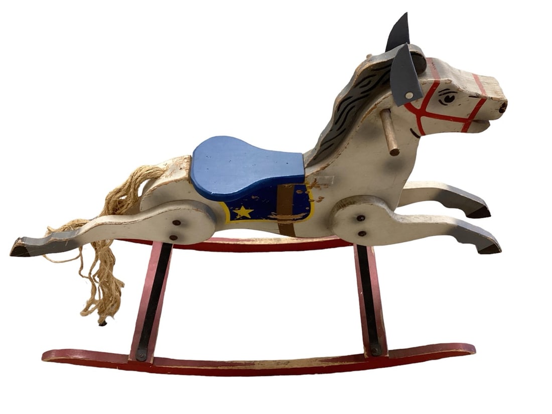 Wood Rocking Horse with Frayed Rope Tail 27" H to top of mane x 37" L from back hoof to front hoof: Wood Rocking Horse with Frayed Rope Tail 27" H to top of mane x 37" L from back hoof to front hoof