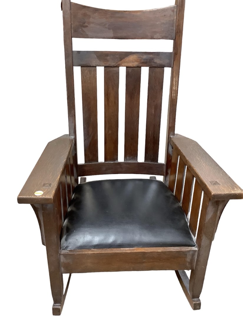 Mission Oak Rocking Chair: Mission Oak Rocking Chair Leather seat cushion. 42"T x 27.75"W. Seat sits at 15"T. 19" deep.