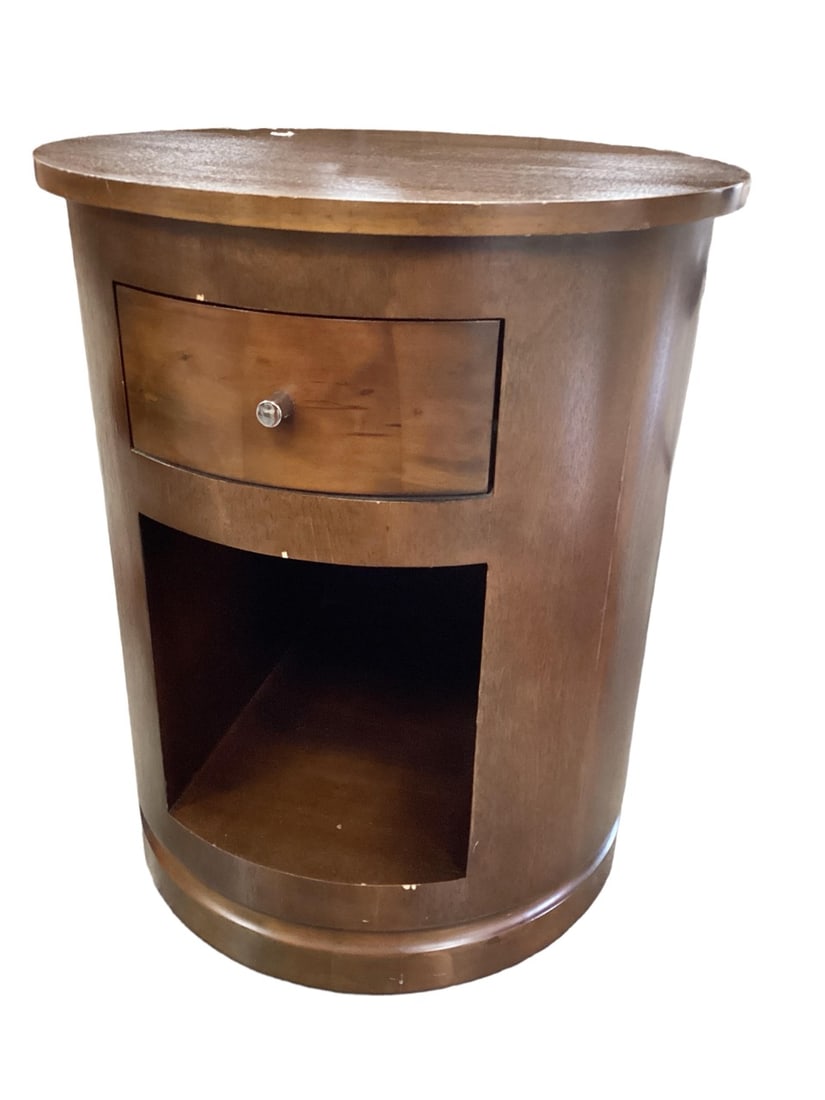 Mid Century Style Round Walnut Single Drawer Side Table 26" H x 21 1/2" in Dia. (1 of 1)