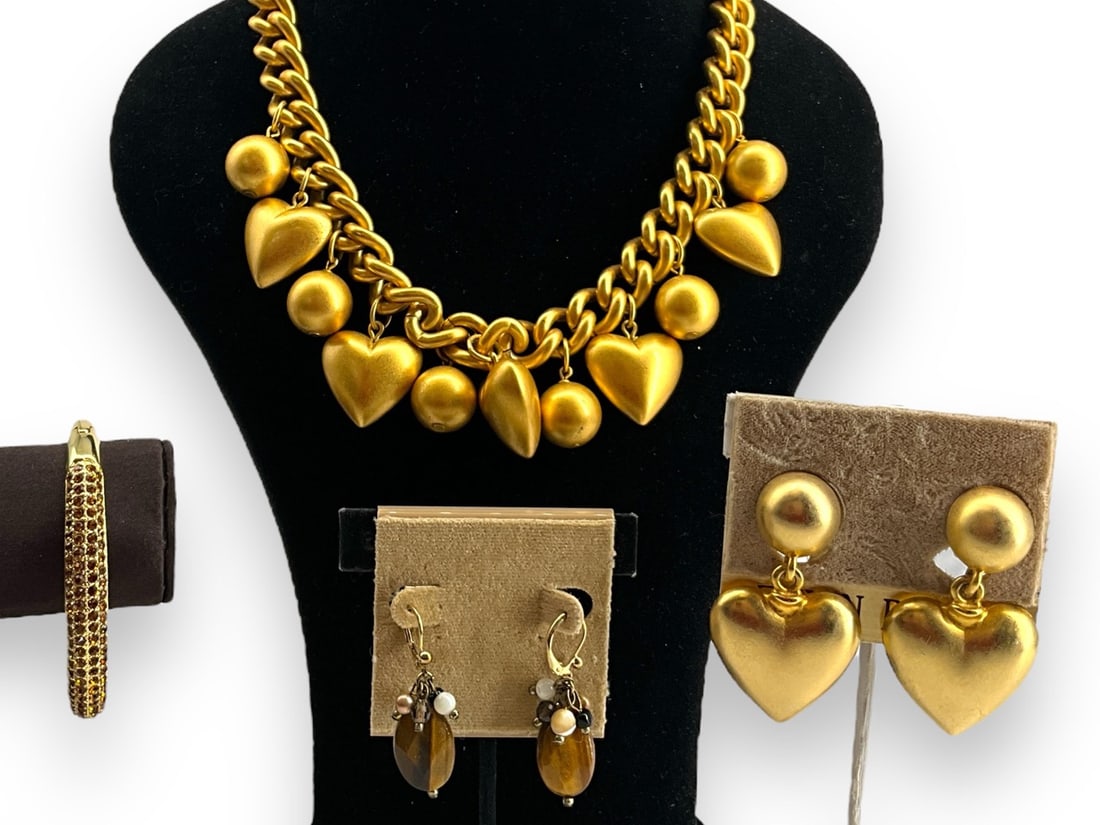 Designer "Erwin Pearl" Heart Earrings, "Anne Klein" Heart Necklace, Tiger's Eye Drop EArrings and: Designer "Erwin Pearl" Heart Earrings, "Anne Klein" Heart Necklace, Tiger's Eye Drop EArrings and Sparkly Bangle BraceletMatte finish gold-tone heart earrings have an approx 2" drop and are on the ori