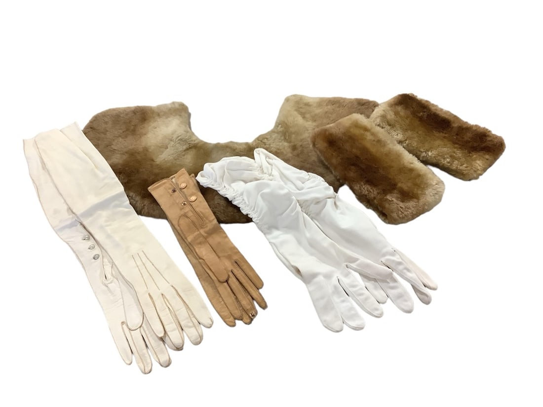 Vintage Gloves and Repurposed Natural Fur ~~Gloves vary from 11" to 21"~~: Vintage Gloves and Repurposed Natural Fur Fur appears to be made into cuffs and a collar. Cuff are 8" x 4". Leather elbow gloves are 22" long with faux pearl buttons. ~~Gloves vary from 11" to 21"~~