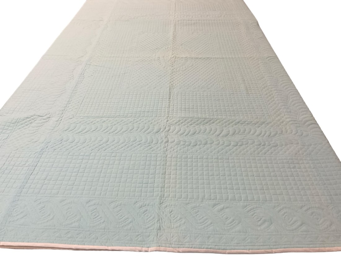 Light Blue Quilt: Light Blue Quilt 99"x 82' Some fading. This beautiful quilt was handmade and hand-quilted by Ginny Hatfield of Zanesville, Ohio between 1960 and 2023.
