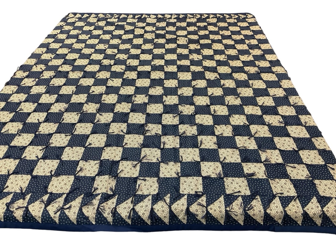 Navy Blue and White Summer Quilt: Navy Blue and White Summer Quilt 74.5 x 86" (no batting or filler). This beautiful quilt was handmade and hand-quilted by Ginny Hatfield of Zanesville, Ohio between 1960 and 2023.