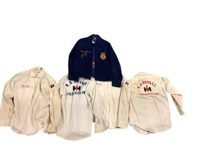 Vintage FFA Jacket and (4) H B Duvall Uniform Work Shirts: Vintage FFA Jacket and (4) H B Duvall Uniform Work ShirtsJacket has 6 FFA pins. Work shirts are very well loved.