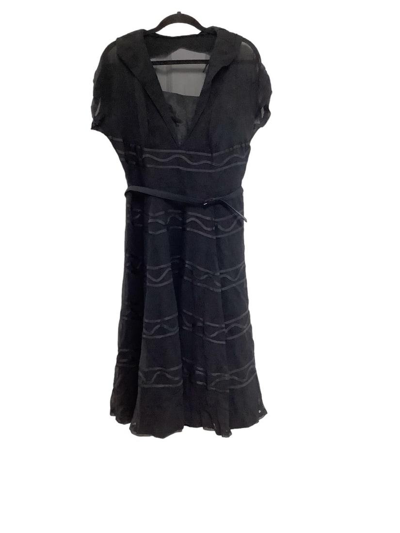 Classy Belted A-line Black Chiffon Dress: Classy Belted A-line Black Chiffon Dress Fitted bodice, flared and flowing skirt with ribbon accents, ruched short sleeves, lined and hem has toole under lining. Side zipper. No tags. Thin, removable 