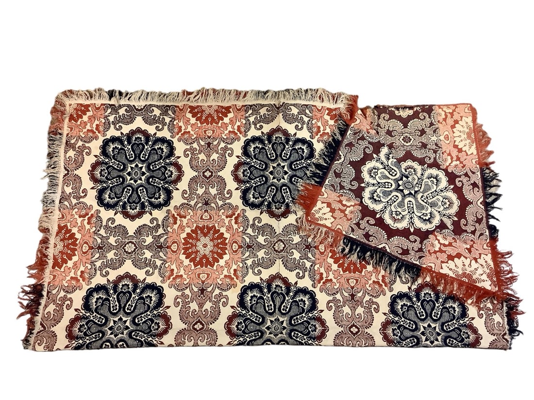 Jacquard Coverlet: Jacquard Coverlet Approx 84"x74". Shades of red, blue and cream. Middle seam stitched. Rough edges and some stains (see pics)