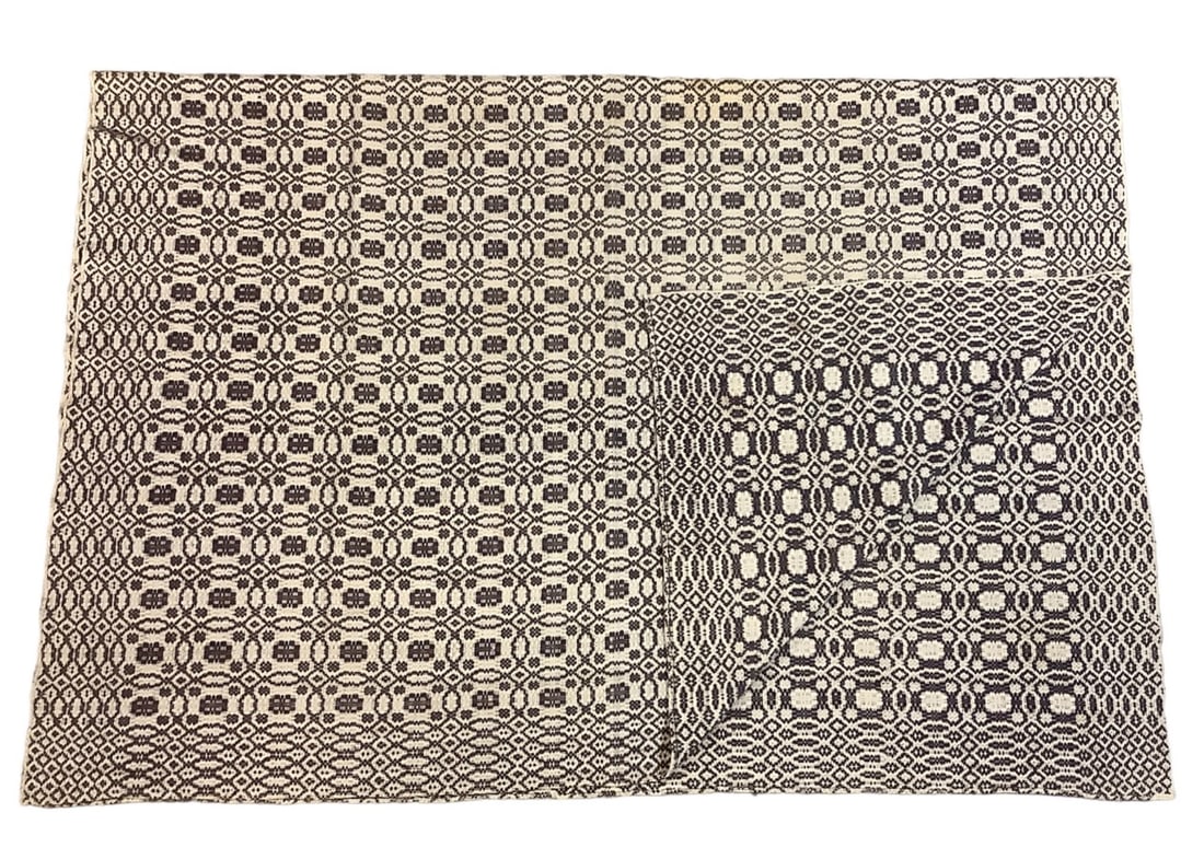 Jacquard Coverlet: Jacquard Coverlet Cream and purple woven blanket with the tag "R.M.Kauffmann" approx 70" x 96". Some large stains