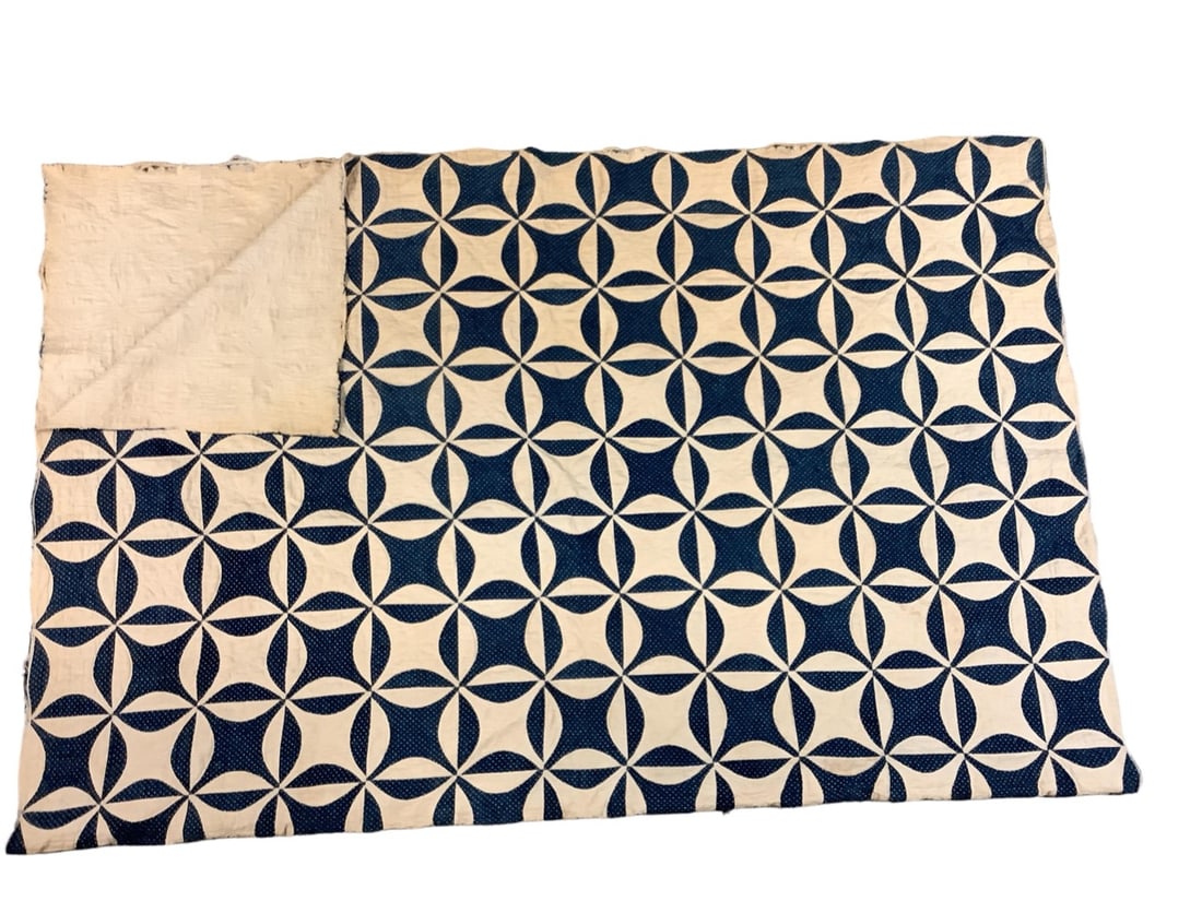 Handmade Quilt: Handmade Quilt Blue and cream quilt approx 88"x68", very tattered edges, stains and discoloration