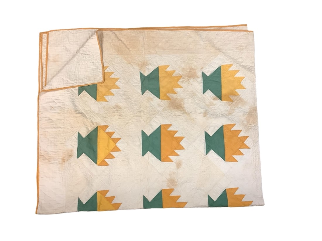 Quilt: Quilt Quilt with green, yellows and cream colors. Approx 94"x81". Multiple stains.