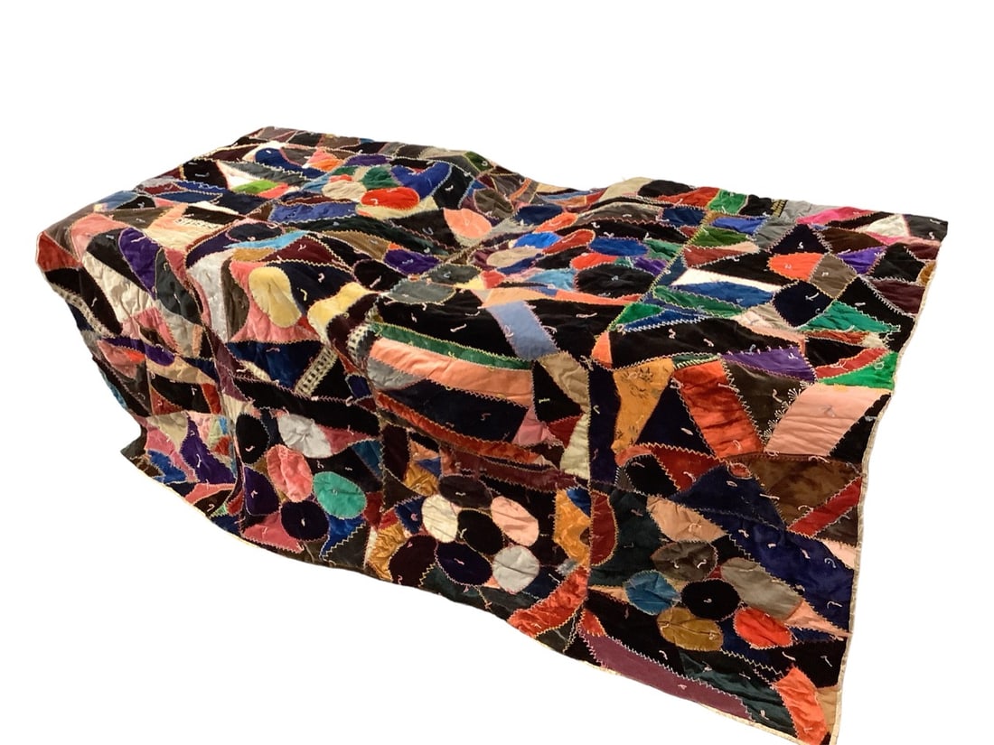 Crazy Quilt Made of Velvet and Cotton approximately 67" x 84": Crazy Quilt Made of Velvet and Cotton approximately 67" x 84"