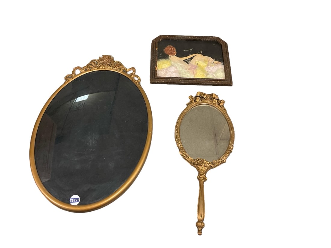 Frame , Hand mirror and Framed Paperdoll.: Frame , Hand mirror and Framed Paperdoll.(1) Hand mirror 9" x 6" shade Frame 14" x 22" framed paperdoll 9" 11.5"