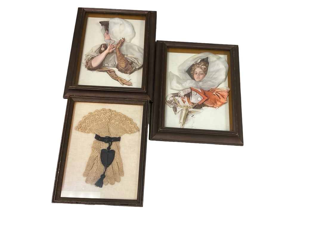 (2) Shaded Framed Paper Dolls marked Harrison Fisher. (1) pair of Lace Gloves: (2) Shaded Framed Paper Dolls marked Harrison Fisher. (1) pair of Lace Gloves (2) Harrison Fisher 8.5"x 12" measurements pictures only frames not included. (1) pair of lace gloves. 8" x 12"