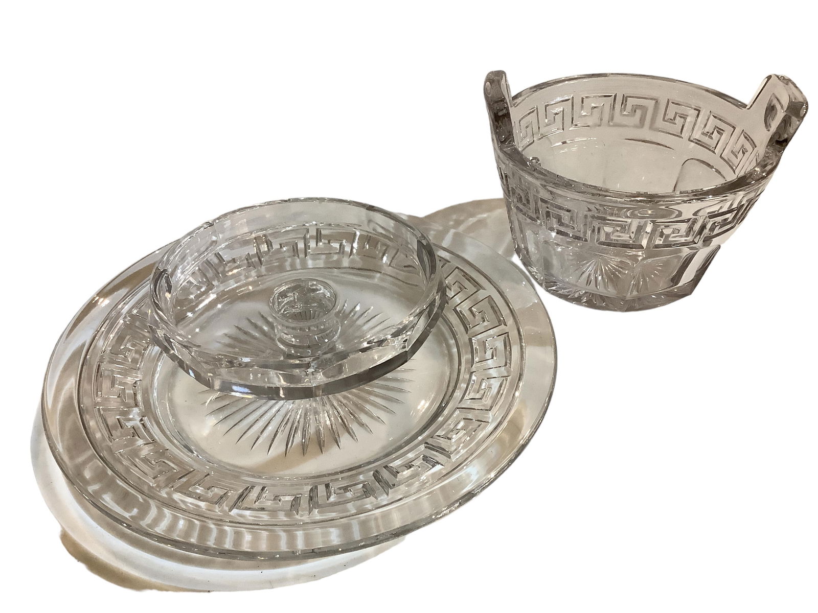 Heisey #433 Greek key lot of (2) items, 9" 1-piece Cheese and Cracker H, and a medium sized Ice Tub (1 of 4)