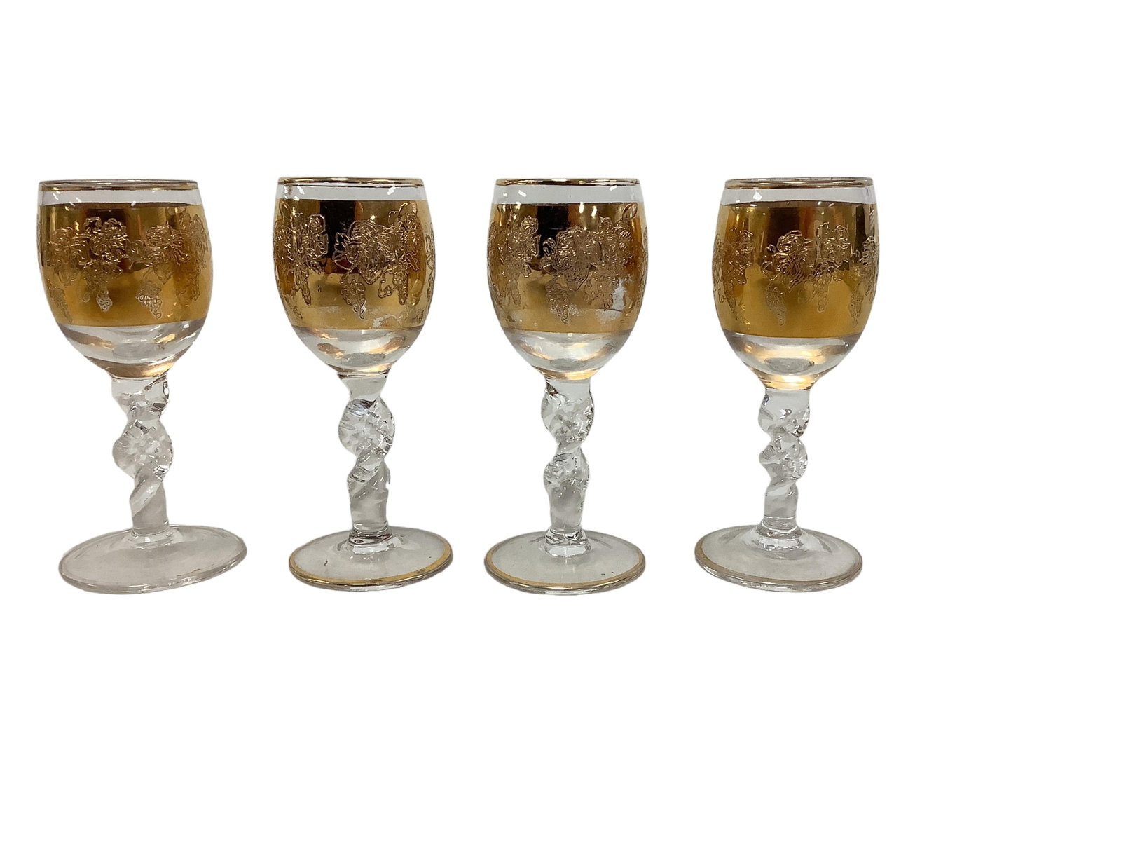 Crystal Cordial Glasses with Gold Design 4" x 1.5": Crystal Cordial Glasses with Gold Design Set of 4, gold design on bowl and base 4" x 1.5"