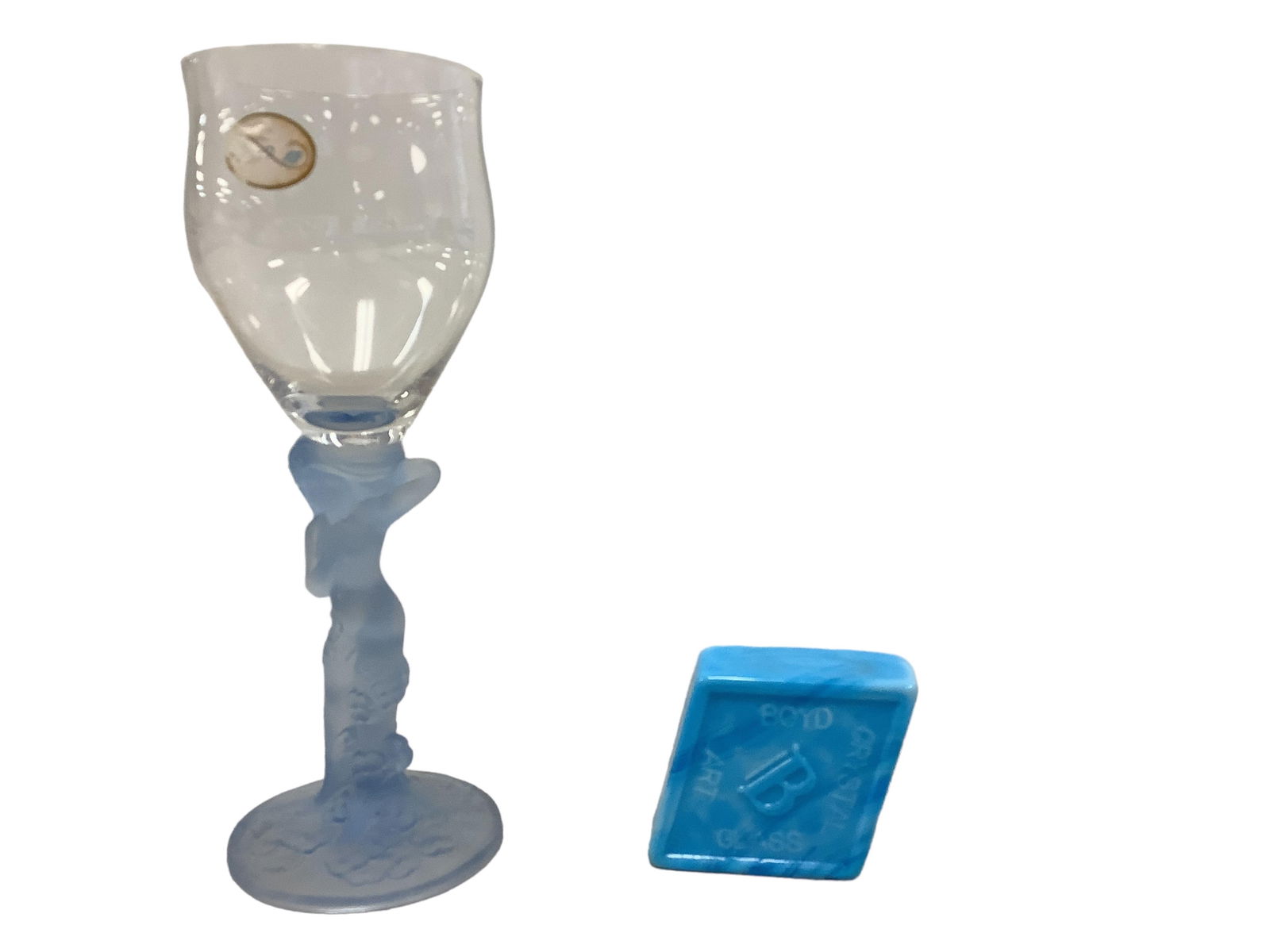 Boyd Art Deco Paperweight and Bimini Frosted Wine Glass Height ranges 2" to 7.25": Boyd Art Deco Paperweight and Bimini Frosted Wine GlassBlue slag diamond-shaped paperweight; Bimini wine glass with frosted nude stem.Height ranges 2" to 7.25"