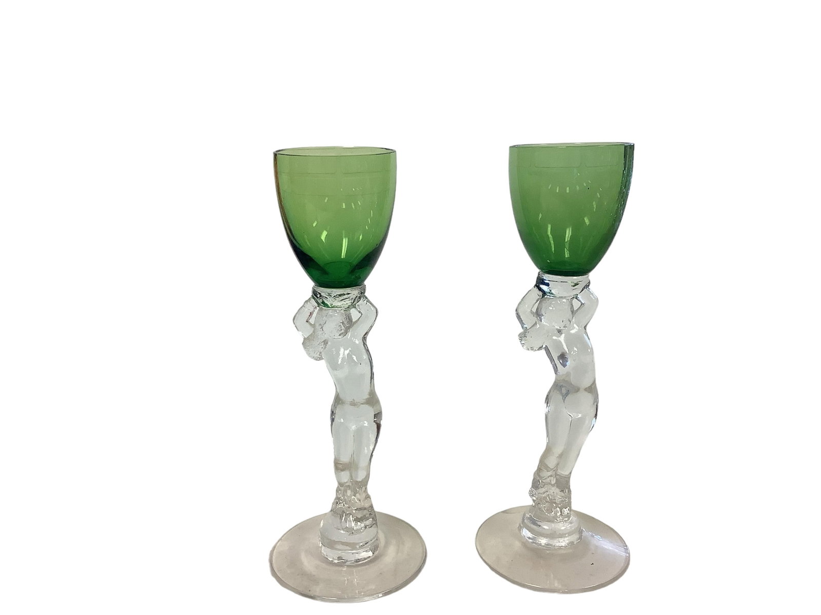 (2) Cambridge Nude Clear Stem Green Brandy Glasses 6" x 2.25": (2) Cambridge Nude Clear Stem Green Brandy Glasses Clear base and green bowl. 6" x 2.25"