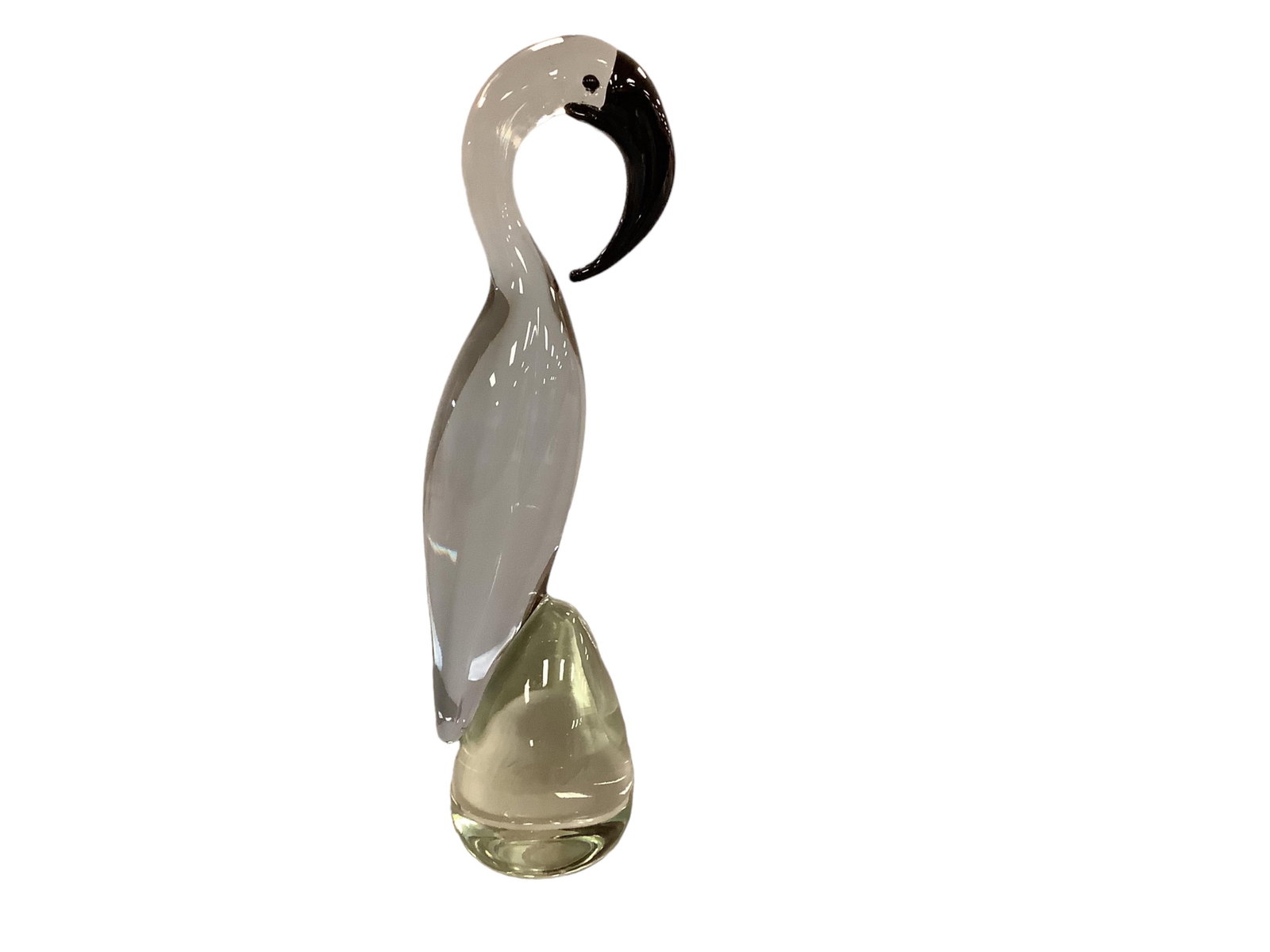 Art Glass Bird 11 1/2 in. (29.2 cm.): Art Glass Bird Beautiful bird with black beak and purple body perched on a green, egg shaped rock, possibly Murano. 11 1/2 in. (29.2 cm.)
