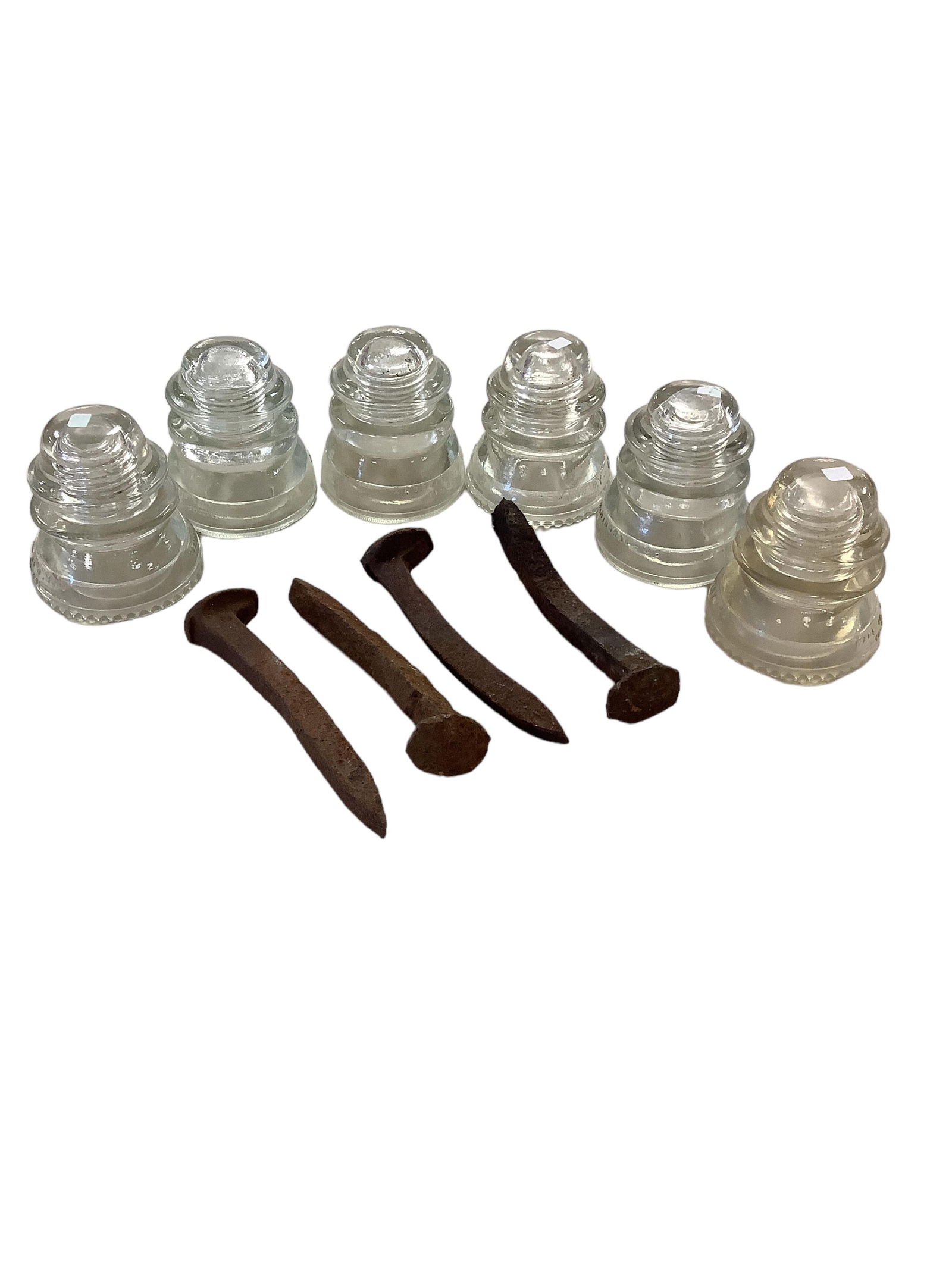 (6) Clear Glass Electrical Insulators and (4) Railroad Spikes (1 of 4)