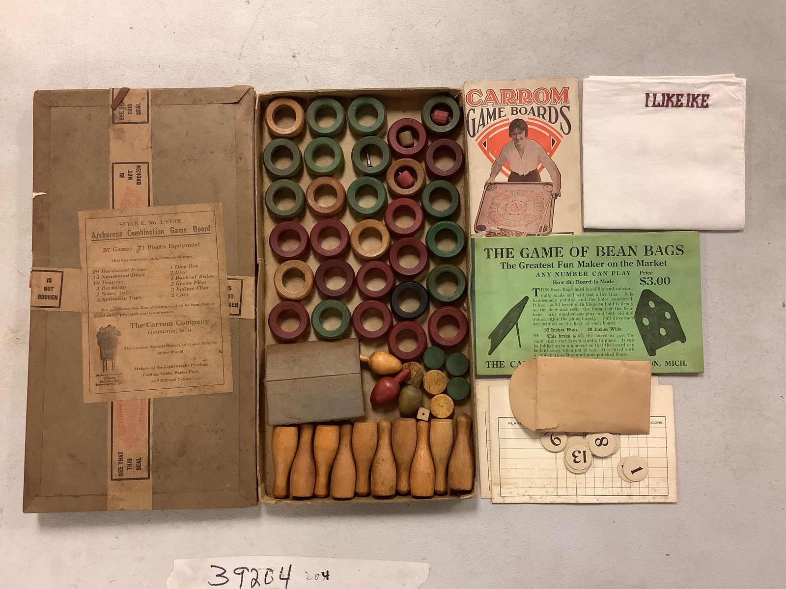 Vintage Carrom Game Board Pieces and an "I Like Ike" Embroidered Handkerchief Handkerchief 18 x 18: Vintage Carrom Game Board Pieces and an "I Like Ike" Embroidered HandkerchiefHandkerchief 18 x 18 1/2 in. (45.7 x 47 cm.)