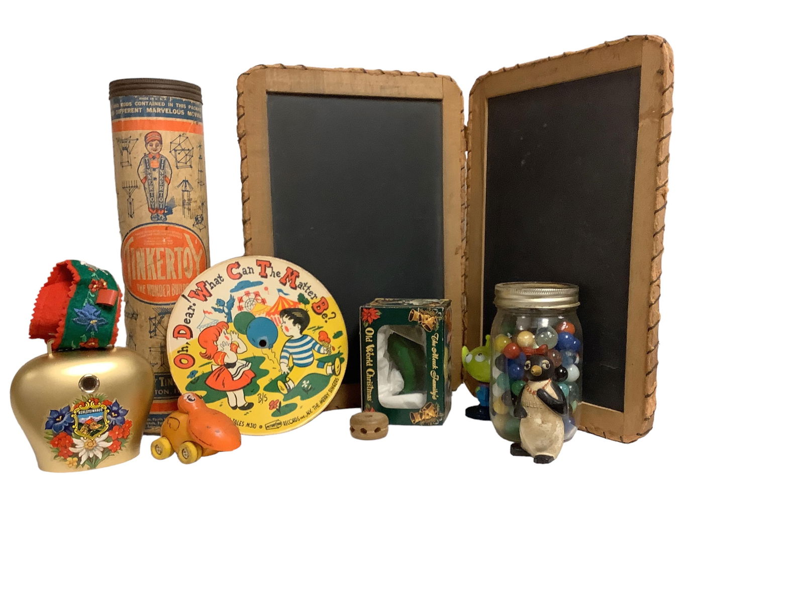 Eclectic Mix of Toys, Marbles, Dill Pickle Ornament, and Music Box (1 of 5)