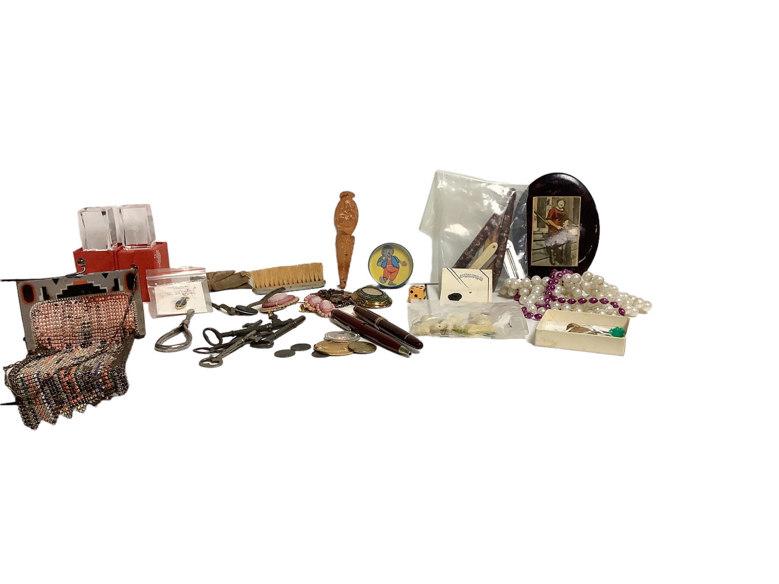 Collection includes Whiting and Davis Mesh Bag, Beads, Paperweights, Skeleton Keys, Tokens, Pens: Collection includes Whiting and Davis Mesh Bag, Beads, Paperweights, Skeleton Keys, Tokens, PensWhiting and Davis Mesh Bag is approx 6.5" in length. Picture is approx 4.0" x 6.0". Pen and pencil set a