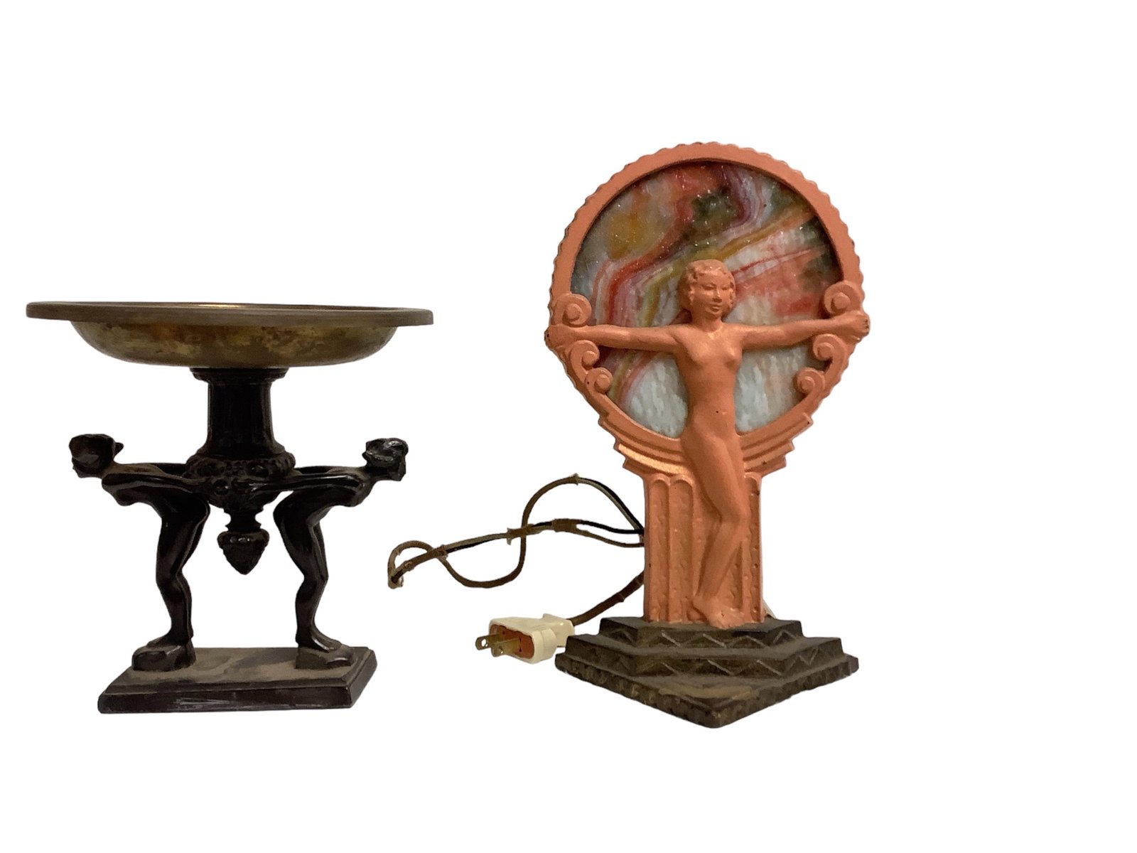 Art Deco Compote and Art Deco Lamp: Art Deco Compote and Art Deco Lamp Art Deco compote is approx 6.5" tall and 5.75"wide with the compote dish having a 6.25" diameter. The lamp is pink and is approx 9.0" high and 5.0" wide and its dept