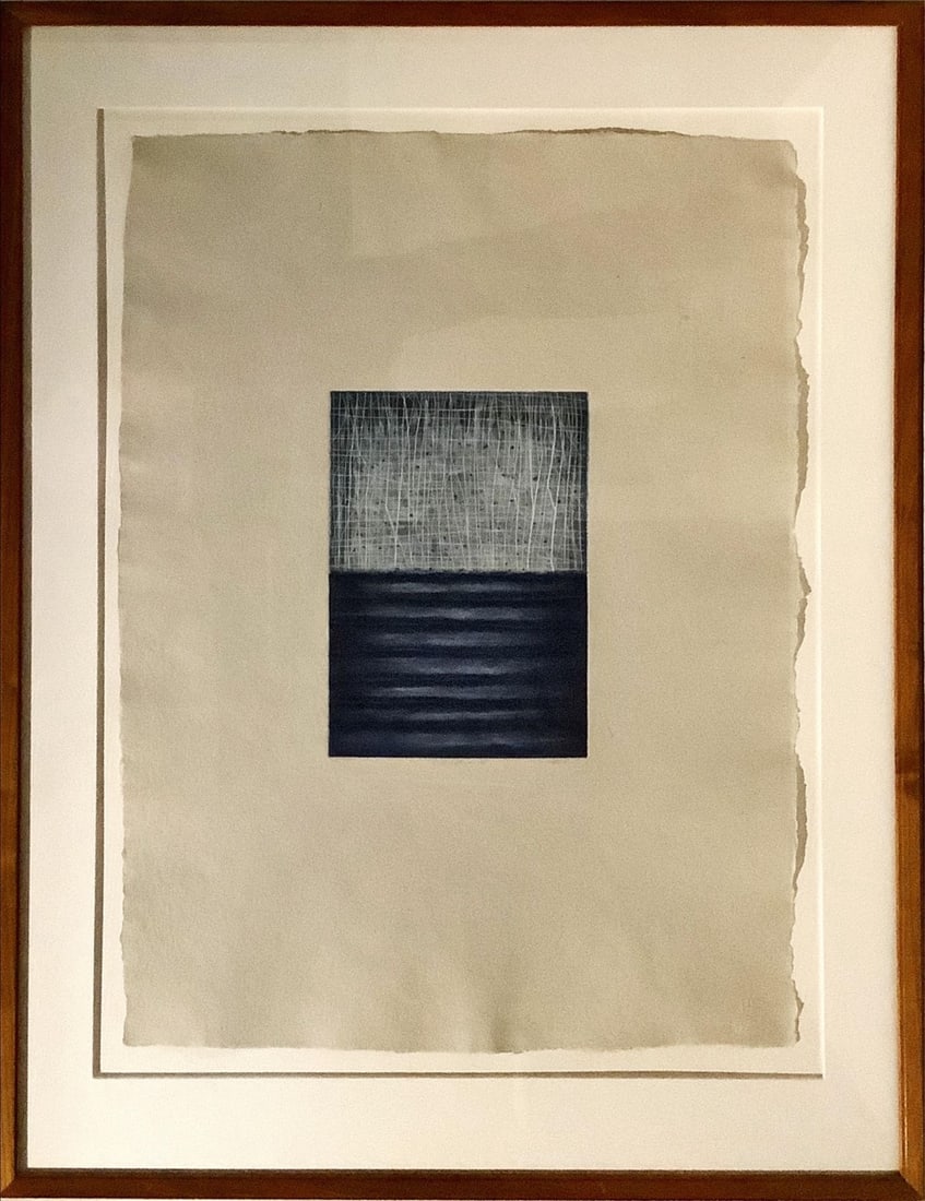 David Shapiro, American Born 1944, Kala 7, Spit-bite, etching, drypoint, and carborundum, Print is: David ShapiroAmerican, Born 1944Kala 7Spit-bite, etching, drypoint, and carborundumSigned by the artist, printed in blue and white on handmade blue Indian paper, the image has a dark blue bottom half