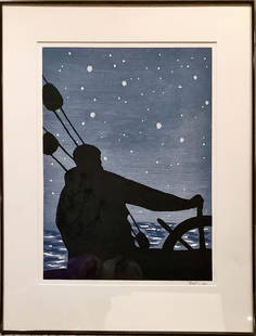 Richard Bosman, Born in 1944, Navigator, Woodcut, The metal frame measures 26" x 34" and has a glass: Richard BosmanBorn in 1944NavigatorWoodcutSigned by the artist, this image in black, white and blues measures 17" x 23" and depicts a night sky, water, part of a boat, and the Navigator steering by th