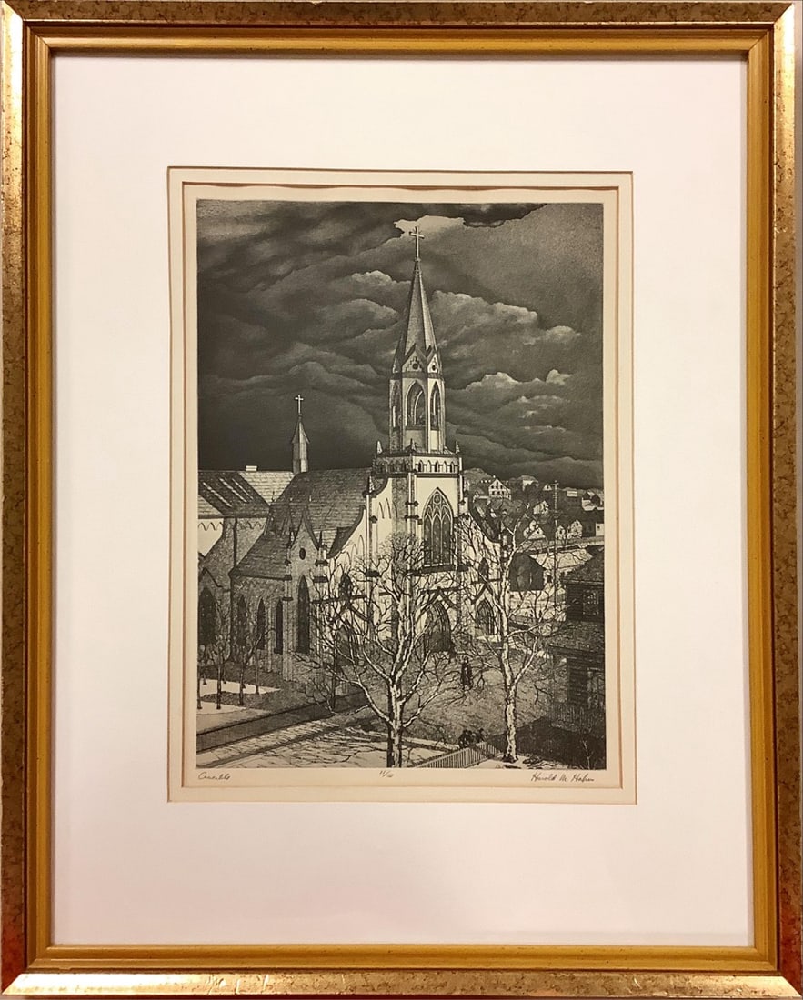 Harold M. Hahn, American Born 1920, Crucible, Line etching with aquatint, Print measures 9" x 13"; (1 of 3)