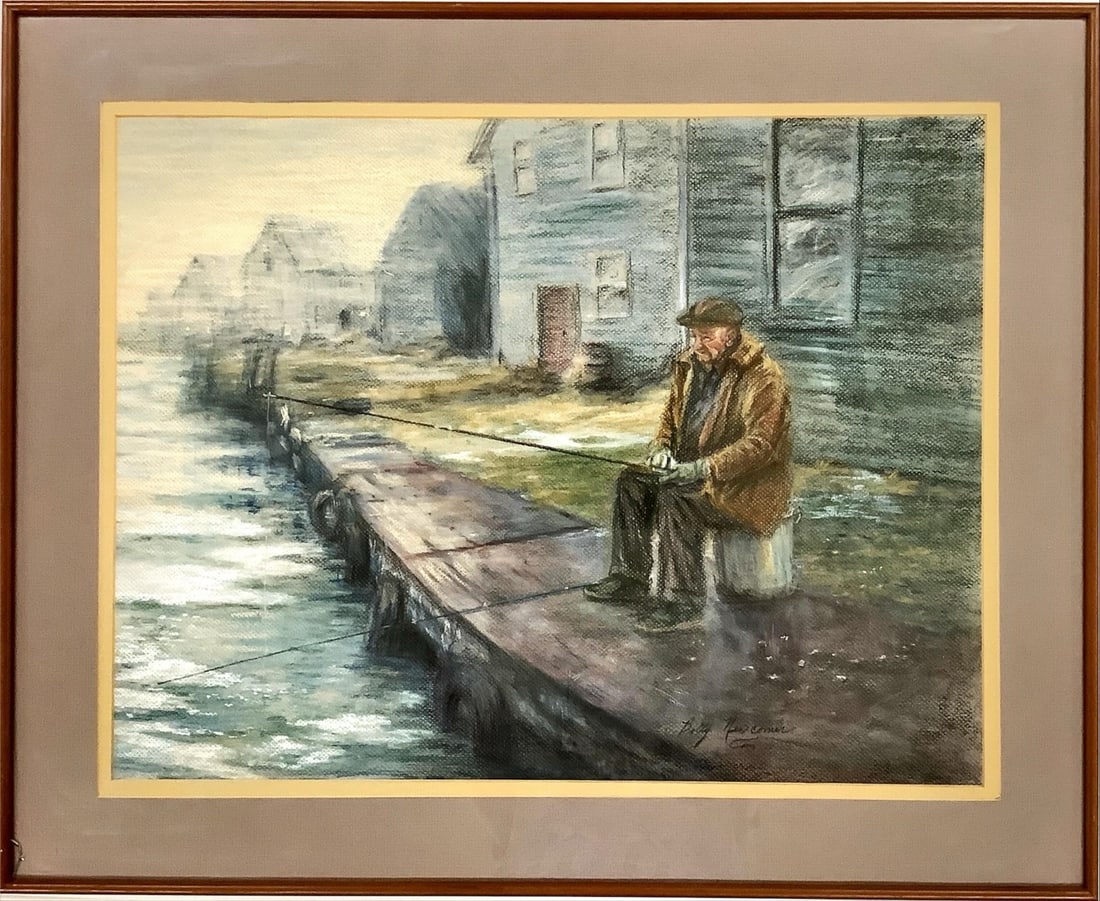 Fisherman Pastel Painting Image measures 23.5" x 18.5"; frame measures 30" x 24.5": Fisherman Pastel Painting This appears to be a signed original pastel on gray paper, signed by Betty Newcomer. Framed with a glass cover. Image measures 23.5" x 18.5"; frame measures 30" x 24.5"