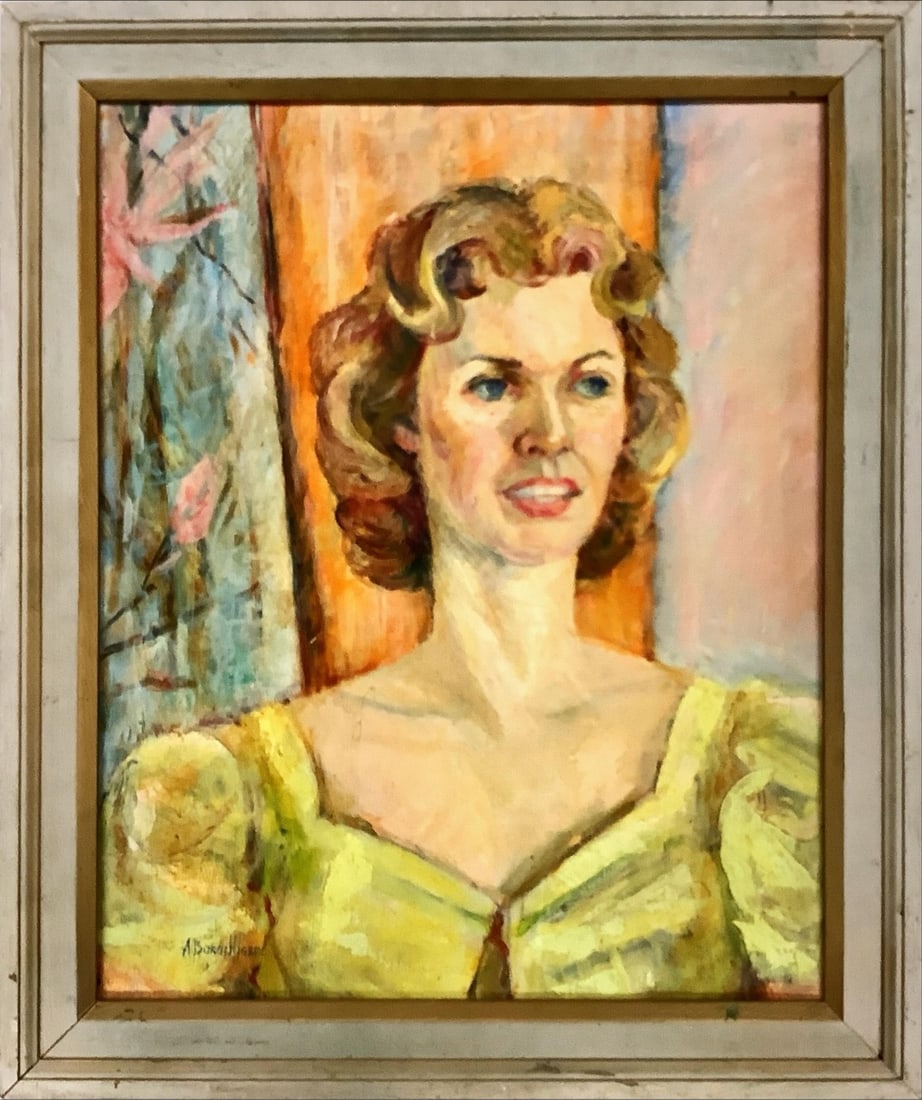 Original Painting of Woman in Yellow Dress Measures 19.75" x 23.5": Original Painting of Woman in Yellow DressSigned by artist A. Burgh Higbee, this painting on canvas has a wooden frame with no glass or plexiglass cover.Measures 19.75" x 23.5"