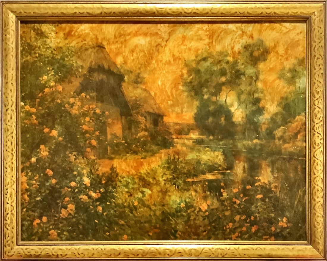 Aston Knight, French born, American 1873-1948, European Cottage, Oil on board, Measures 32" x 25": Aston KnightFrench born, American, 1873-1948European CottageOil on boardOriginal signed painting by Ashton Knight, inscribed Paris, depicts one of favorite his subjects, the cottages and gardens in th