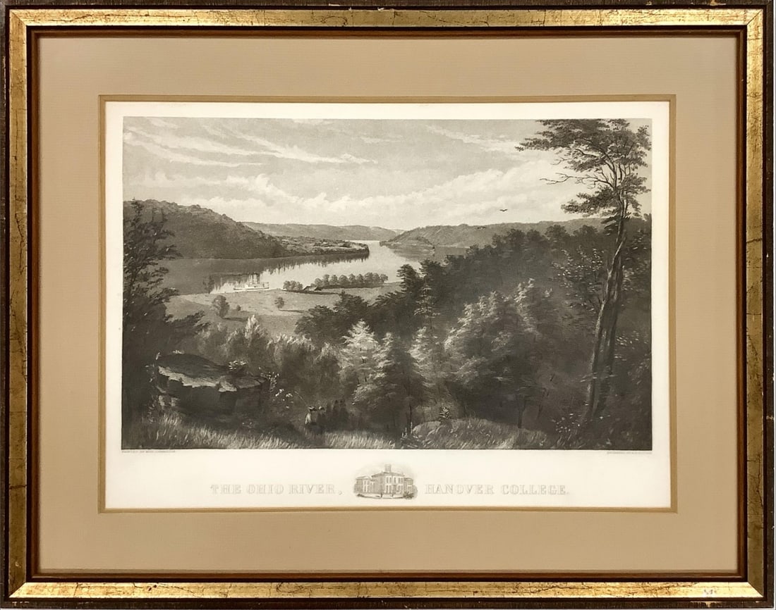Engraving of Ohio River from Hanover College Image measures 18" x 11"; frame measures 25.5" x 20.25": Engraving of Ohio River from Hanover CollegeBased on an original oil painting by Jane Hamilton in 1870, to celebrate its 100th anniversary, 250 etchings were created.Image measures 18" x 11"; frame me