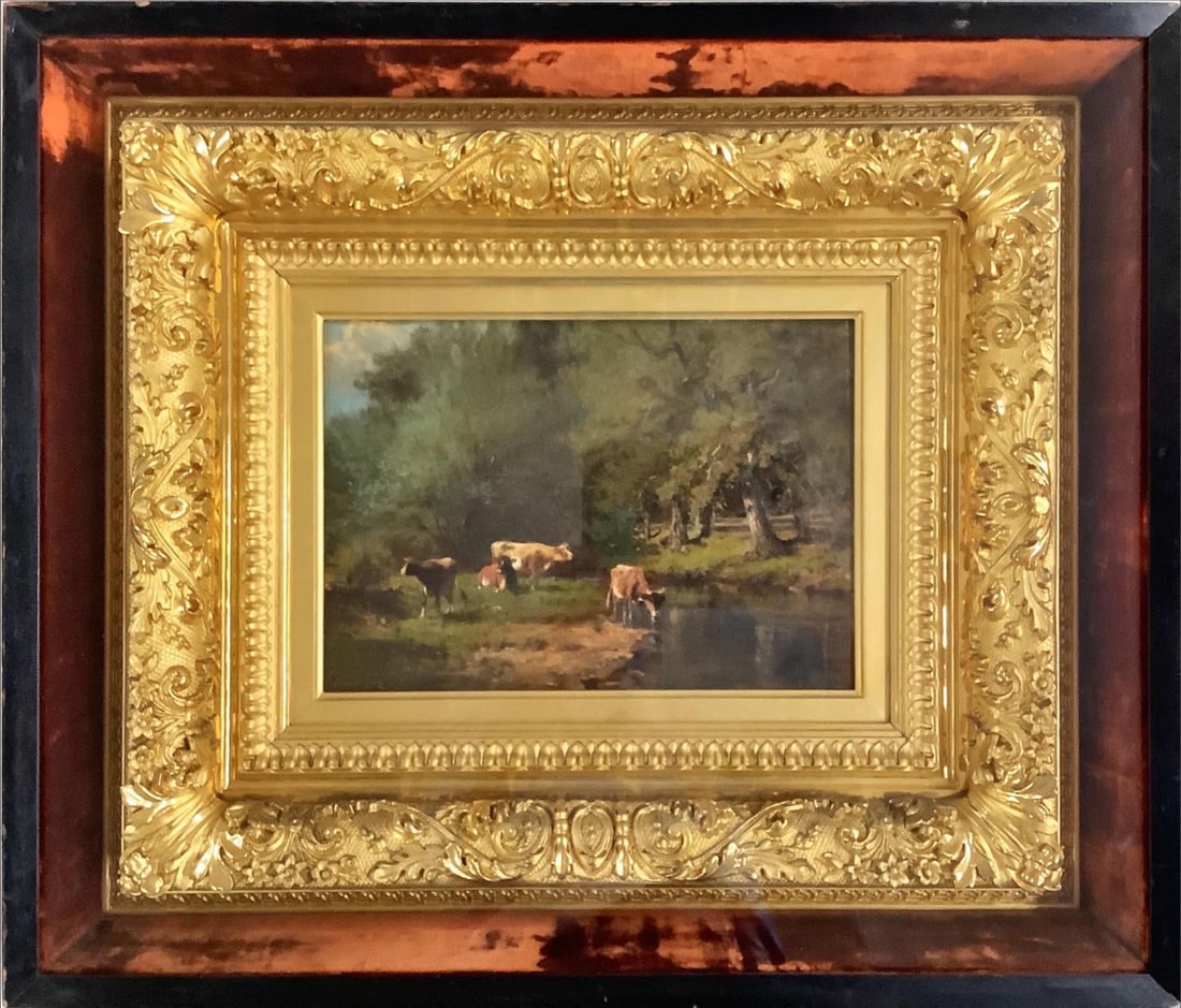 Thomas Bigelow Craig, American 1849-1924, Cows, Oil painting, Painting measures 13" x 9"; frame (1 of 3)