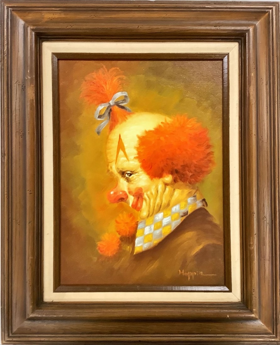 Painting of Clown by Hoppin Measures 20" x 24": Painting of Clown by Hoppin Oil painting on canvas with frame and no glass or plexiglas cover. Measures 20" x 24"