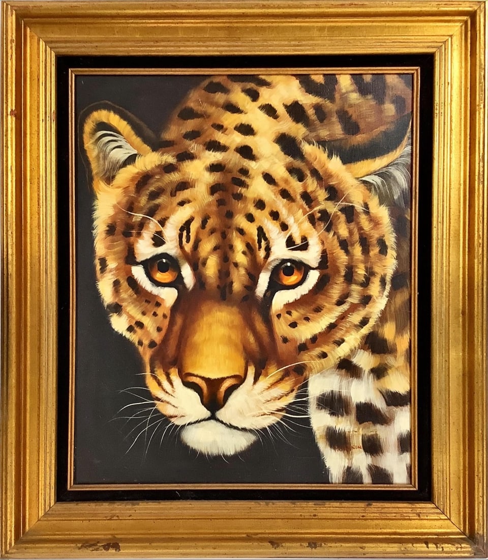 Painting of Leopard Measures 28" x 31": Painting of LeopardSigned by artist P. Jenkin, the painting is on canvas with a gold frame, no glass or plexiglass cover.Measures 28" x 31"