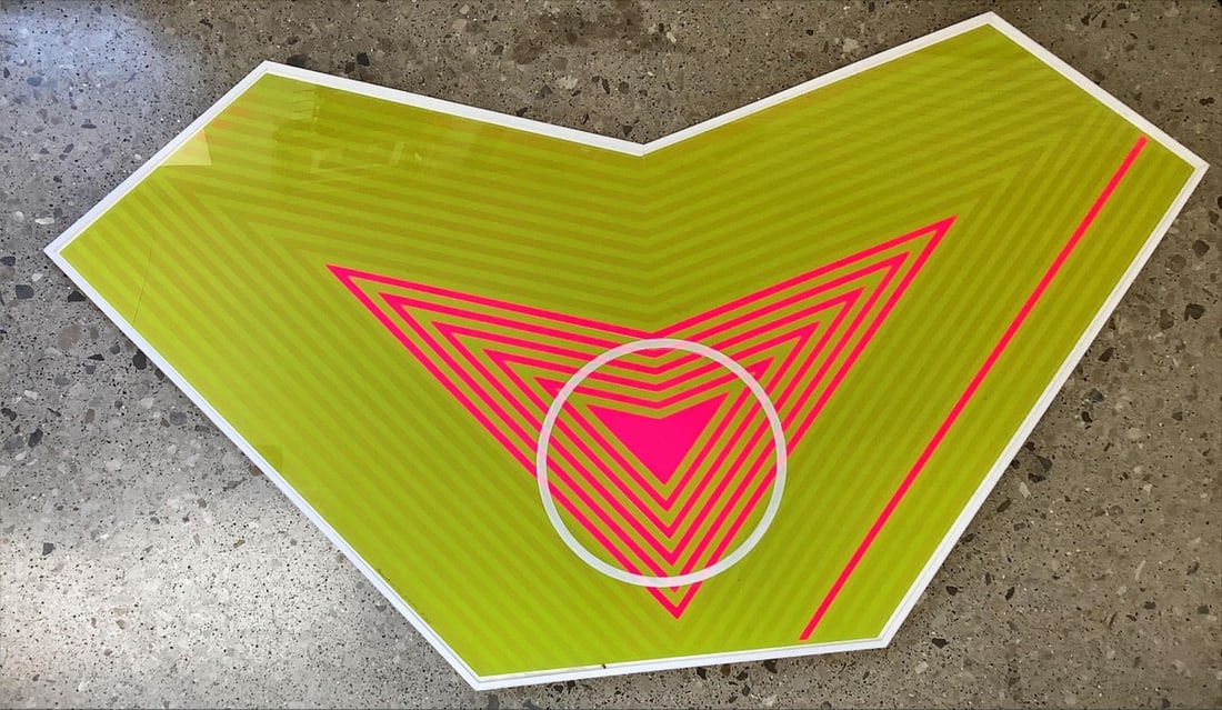 Large Op Art Measures 32" at tallest point and 61" at longest point: Large Op Art In day glow pink and green stripes with a white circle, the chevron pattern gives a pulsing optical effect. Measures 32" at tallest point and 61" at longest point